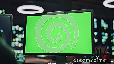 IT man coding green screen pc at datacenter closeup. Developer programming code Stock Photo