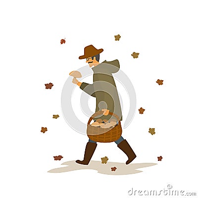 Man collecting mushrooms, walking with basket under the falling autumn leaves Vector Illustration