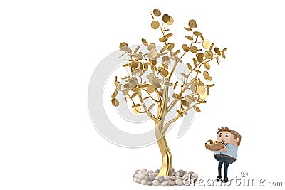 A man collects gold coins under the golden tree.3D illustration. Stock Photo