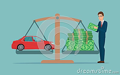 Man collects money for a car and weighs in the balance Business Vector Illustration