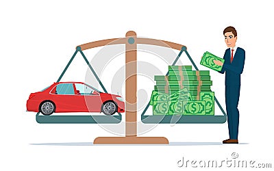 Man collects money for a car and weighs in the balance Business Vector Illustration