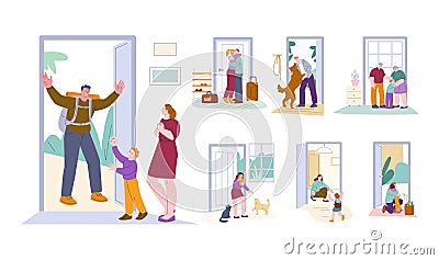 Man come back to home. Girl leaving house, rushing in trip. People opening door in life, family welcome concept. Kids Vector Illustration