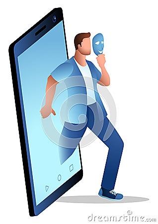Man comes out of the phone with mask Vector Illustration
