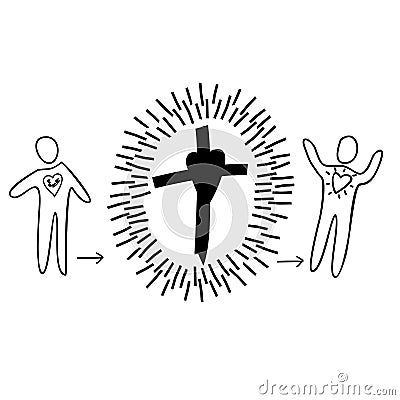 Man comes to the cross and goes out a new man purified Vector Illustration