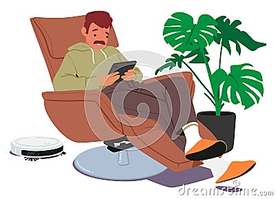Man Comfortably Seated In An Armchair, Engrossed In His Tablet. Relaxed Male Character Browses And Shops Online Vector Illustration