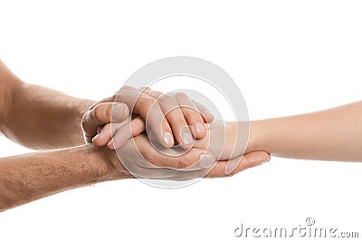 Man comforting woman on white background, closeup of hands. Stock Photo