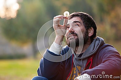 Man completely in love. Lost in mind. Harmony hope and nature Stock Photo