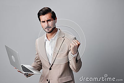 man computer copyspace laptop model internet freelancer background job smiling suit business Stock Photo