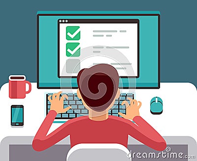 Man at computer filling online questionnaire form. Survey vector flat concept Vector Illustration