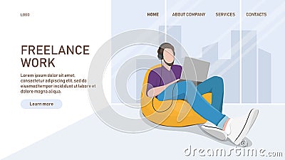 A man with a computer sits on a bean bag chair in a coworking studio. Website landing page design. Vector illustration Vector Illustration