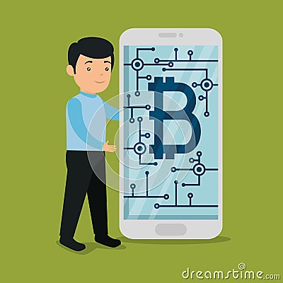 Man with computer with virtual bitcoin currency Vector Illustration