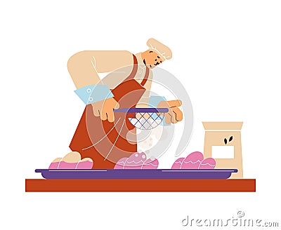 Man confectioner cooking cake, pie sprinkles with powdered sugar, vector bakery chef in uniform preparing sweet dessert Vector Illustration