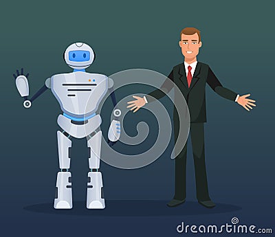 Man at conference, presentation of electronic mechanical robot, bot, humanoid. Vector Illustration