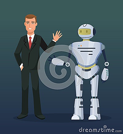 Man at conference, presentation of electronic mechanical robot, bot, humanoid. Vector Illustration