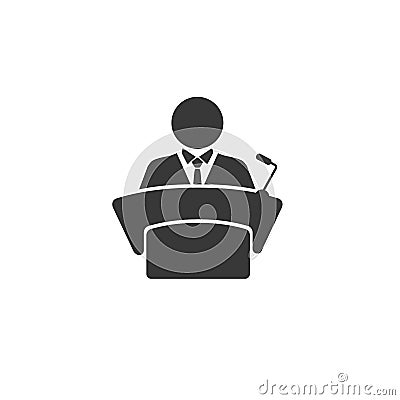 Man in conference suit on podium, tribune icon. Speech by people leader, businessman, head, teacher Vector Illustration