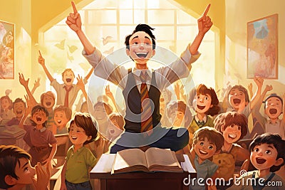 A man confidently sits on top of a book while facing a large, attentive crowd of people, Happy kids and teacher at school, AI Stock Photo