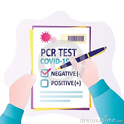 Man confirms negative result in pcr test for coronavirus. Hand with pen marks result of test in form Vector Illustration