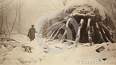 Man Confronts Monstrous Snowscape: A Constructivist Encounter Stock Photo