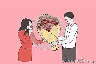 Man congratulate give flowers to woman lover Vector Illustration