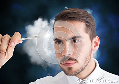 Man connecting cable to the cloud Stock Photo