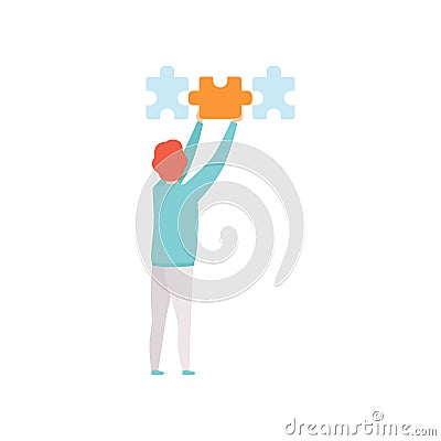 Man connecting puzzle elements, man putting jigsaw puzzles together, back view vector Illustration on a white background Vector Illustration