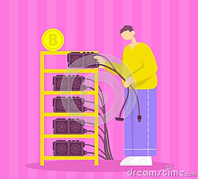 Man connects mining farm. Color vector flat cartoon illustration. Vector Illustration