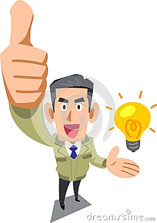 A man in a construction shop who thumbs up and introduces his ideas Vector Illustration