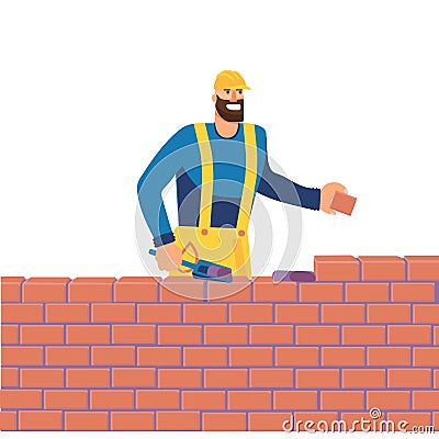 A man at a construction site lays out bricks with cement. Builder builds a brick wall. House building Flat illustration Vector Illustration