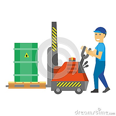 Man control loading machine with flammable metal container Vector Illustration