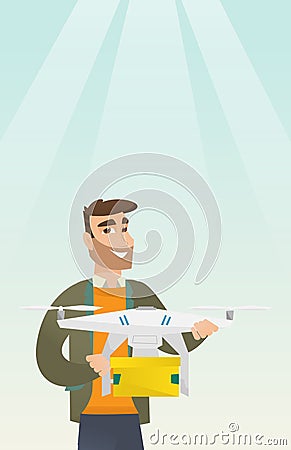 Man controlling delivery drone with post package Vector Illustration