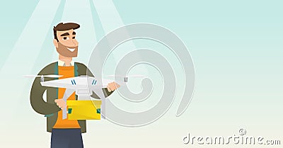 Man controlling delivery drone with post package Vector Illustration