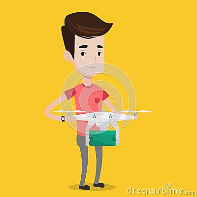 Man controlling delivery drone with post package. Vector Illustration