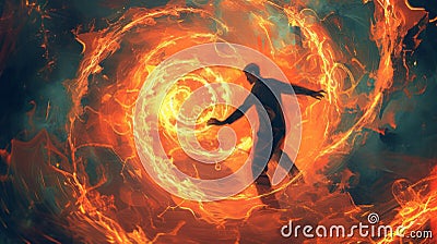 Man controlling fiery vortex in a dynamic scene Stock Photo