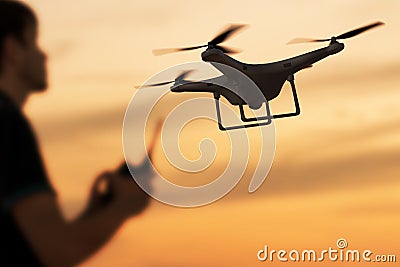Man is controlling flying drone at sunset. 3D rendered illustration of drone Cartoon Illustration
