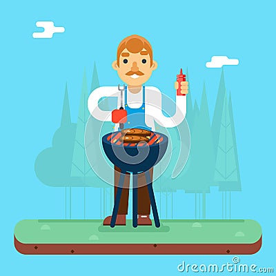 Man Cook Meat Barbecue Forest Background Vector illustration Vector Illustration