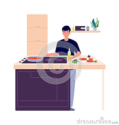 Man cooking breakfast. Guy on kitchen, frying or baking food. Student make eating vector illustration Vector Illustration