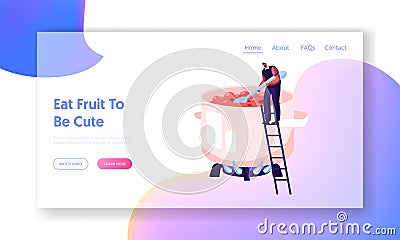 Man Cooking Homemade Fruit Jam or Marmalade Website Landing Page. Tiny Male Character Standing on Ladder Vector Illustration