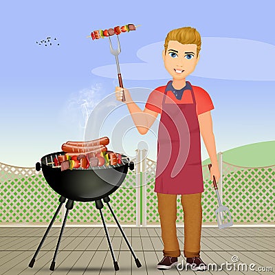 Man cooks skewers and sausages on the barbecue Stock Photo