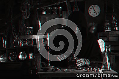 man cosplays a computer game character in the steampunk style. Cyberpunk alchemist concept with 3D glitch effect of Stock Photo