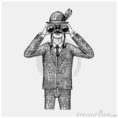 Man in costume looking through the binoculars, spyglass vintage old engraved or hand drawn illustration. Hunter Vector Illustration