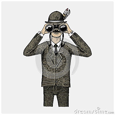 Man in costume looking through the binoculars, spyglass vintage old engraved or hand drawn illustration. Hunter Vector Illustration