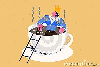 Man in costume relax inside coffee cup Vector Illustration