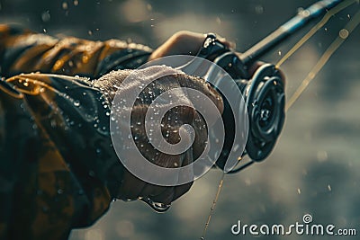 A man courageously stands in the rain, holding a fishing rod with determination and dedication Stock Photo