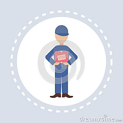 Man courier hold post stamp envelope mail address letter shopping icon paper correspondency delivery service concept Vector Illustration
