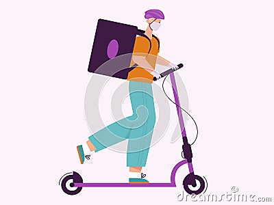 Man courier with package on kick scooter, contactless delivery Vector Illustration