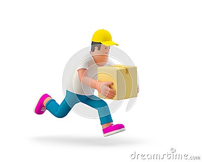 Man courier running and holding package in hands. Fast Delivery Concept 3D rendering isolated on white background Cartoon Illustration