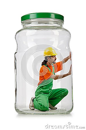 Man in coveralls imprisoned Stock Photo