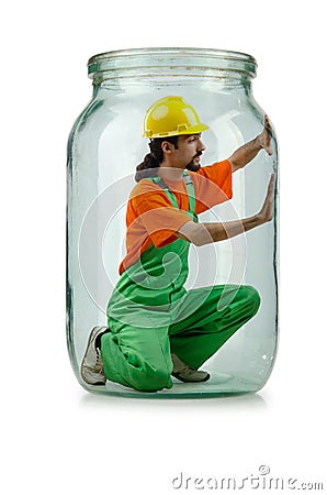 Man in coveralls imprisoned Stock Photo