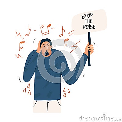 The man covered his ear from the loud music with his hand. Stop the noise. Vector hand drawn illustration Vector Illustration