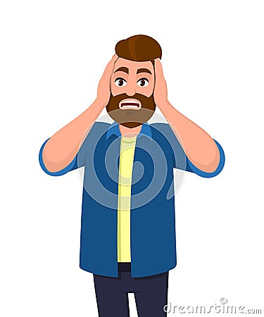 Man covering/closing his ears with hands and making a don`t hear/listen gesture. Man does not want to hear or listen. Vector Illustration